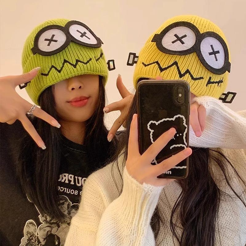 Autumn and Winter Women's Fun and Cute Knitted Wool Hat with Cartoon Style Warmth  Wearing It on The Face Looks Very Small