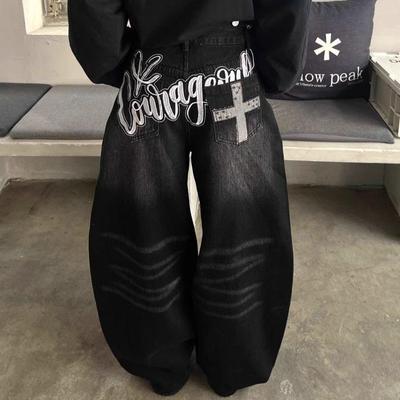 GLYDE Y2k Vintage Black Letter Embroidery Jeans Washed Harajuku Wide Leg American Retro Scimitar Denim Pant Baggy Casual