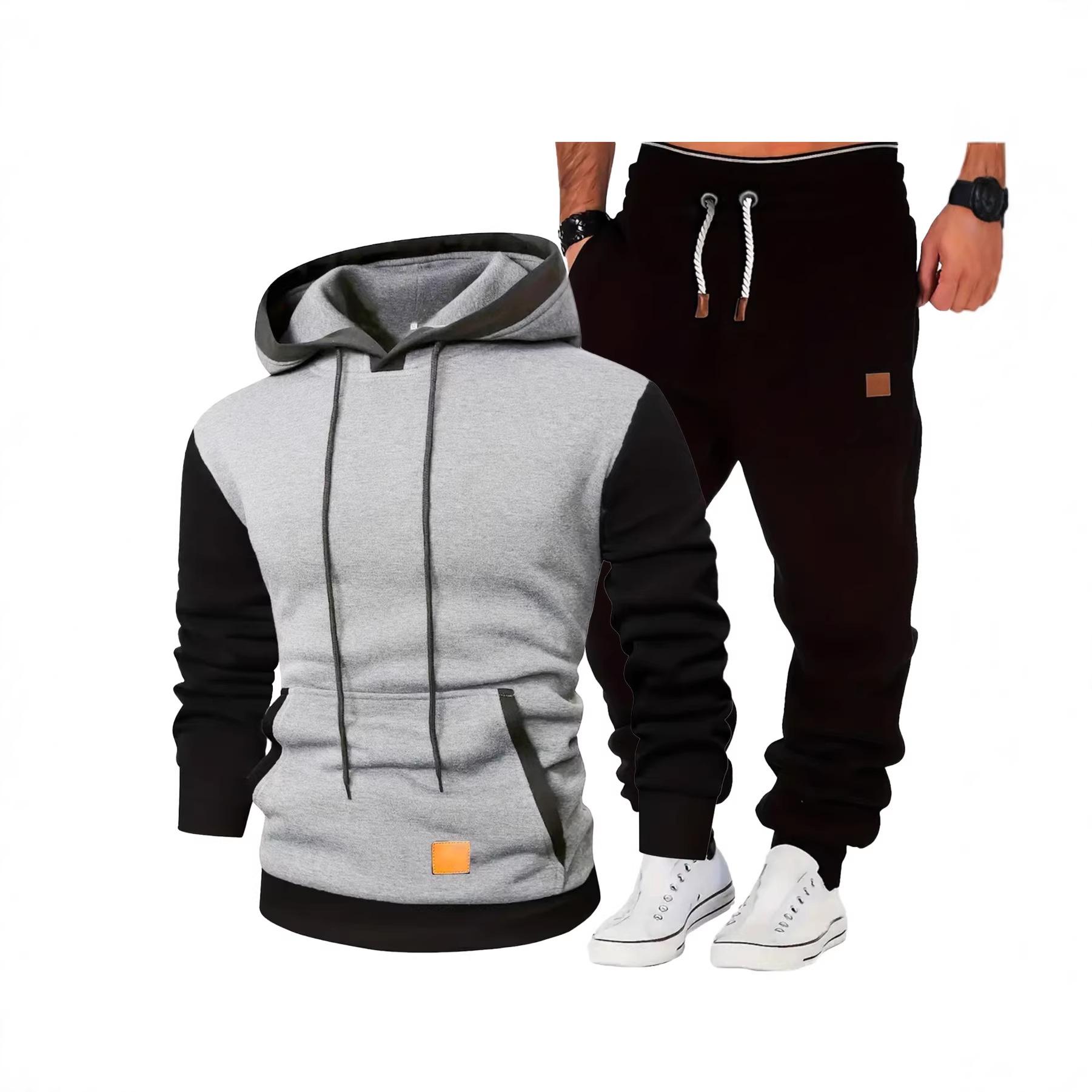 Men s Color Blocked Splicing Fashion Hoodie Set With Velvet Casual Sportswear European Size S светло-серый