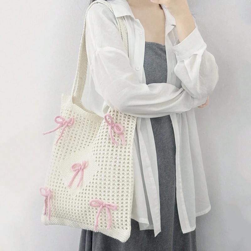 Yogodlns Gehäkelte Umhängetasche für Damen, großes Fassungsvermögen, Schleifen-Design, Ästhetik, Handtasche, Shopper, tägliche Umhängetasche, lässige Pendlertasche