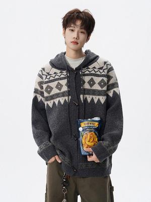 Unisex Heavyweight Fair Isle Knit Hooded Cardigan for Autumn/Winter