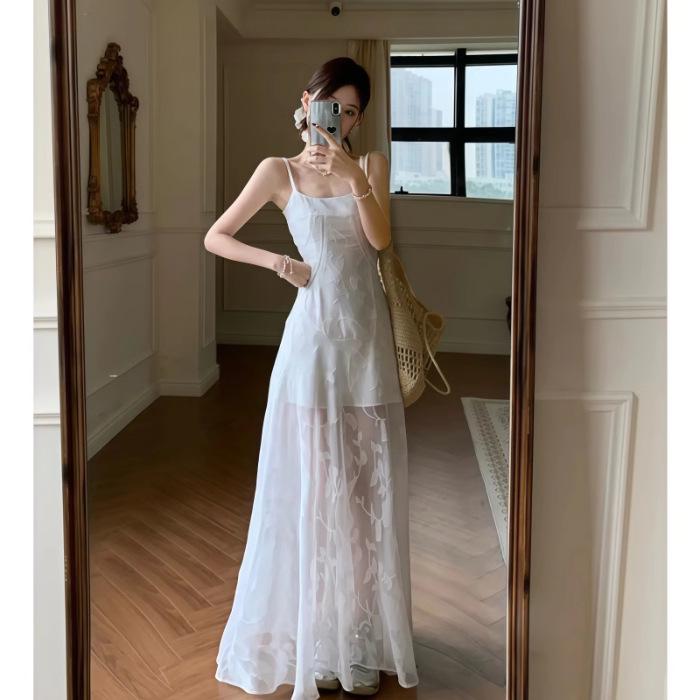 Seaside Resort Floral Print Camisole Dress: Elegant Waist-Cinching Summer Long Dress for Women Small белый