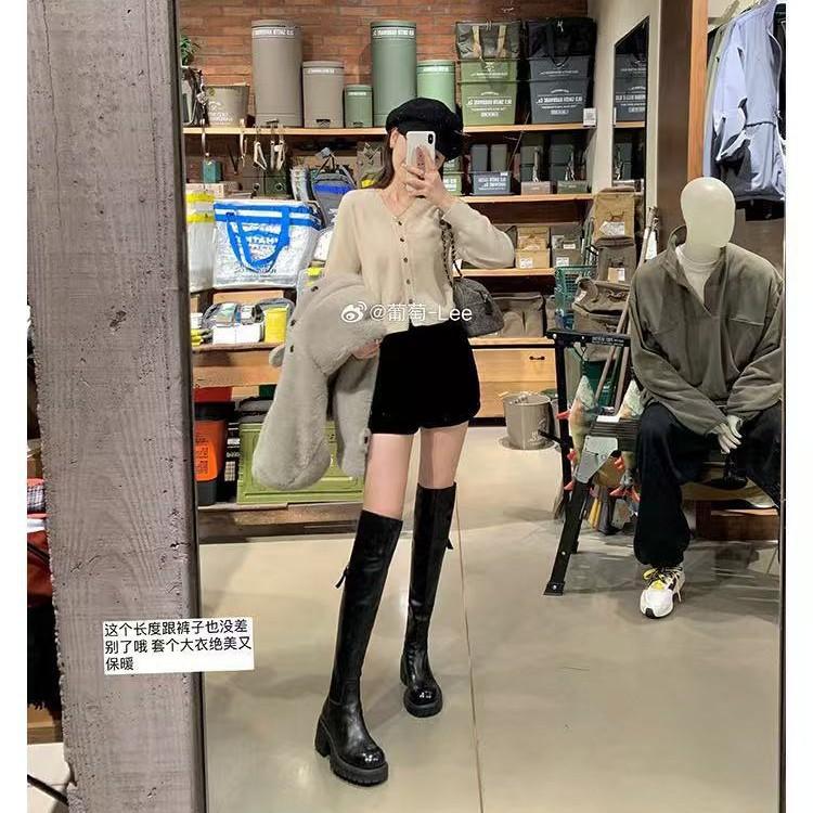 Grape Mom Studiolee Legs Fine Girl~ Washed Horse Skin Round Head Skinny Thick Bottom Thick Heel Over Knee Boots Women