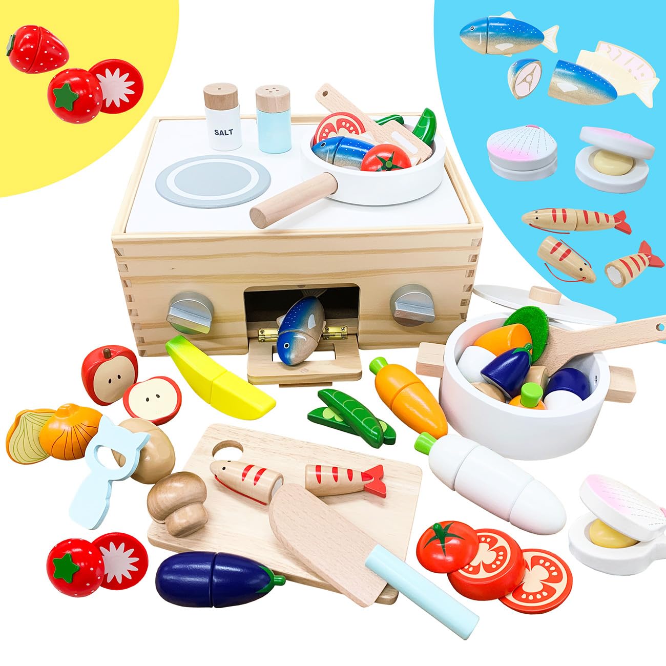 

Sweet Little Chef Pretend Play Storage Pretend Play Large Kitchen, Wooden, Magnetic, Recessed, Food, Vegetables, Pots, Safety-Inspected Box, Magnetic,