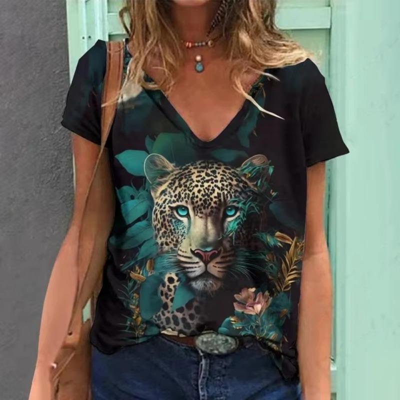 Summer Vintage Animal Tiger T-Shirts 3D Print Women's Casual Short Sleeve V-Neck T Shirt Y2K Tees Harajuku Tops Female Clothing