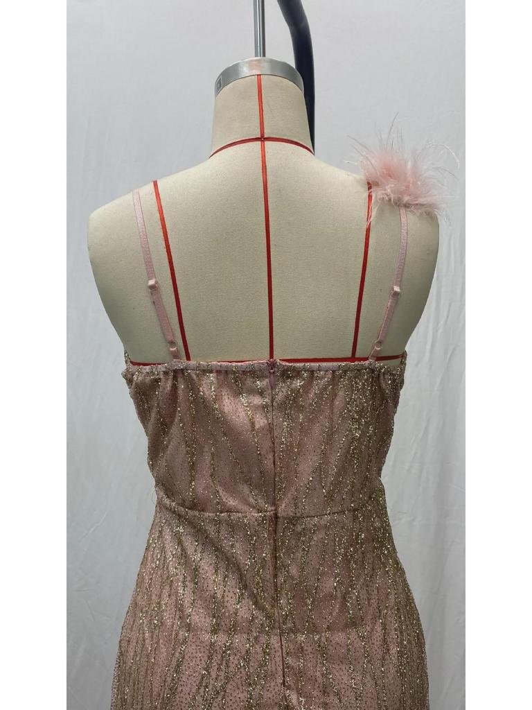 2025 European & American Women's Feather Suspender Dress - Deep V Neck, Sexy Nightclub Party Style