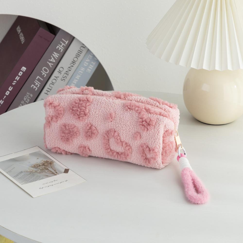 Kawaii Berber Fleece Pencil Case Lifting Rope Love Heart Pattern Pencil Pouch Large Capacity Pen Bag Student