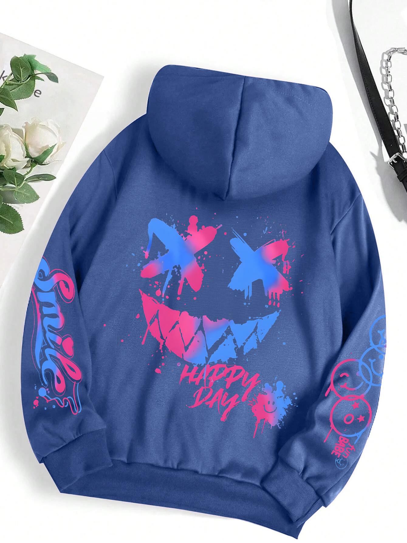 

Happy Day Graffiti Print Women Hoodie Street Hip Hop Hoody Fashion Crewneck Versatile Hoodies Vintage Oversize Clothes Female L