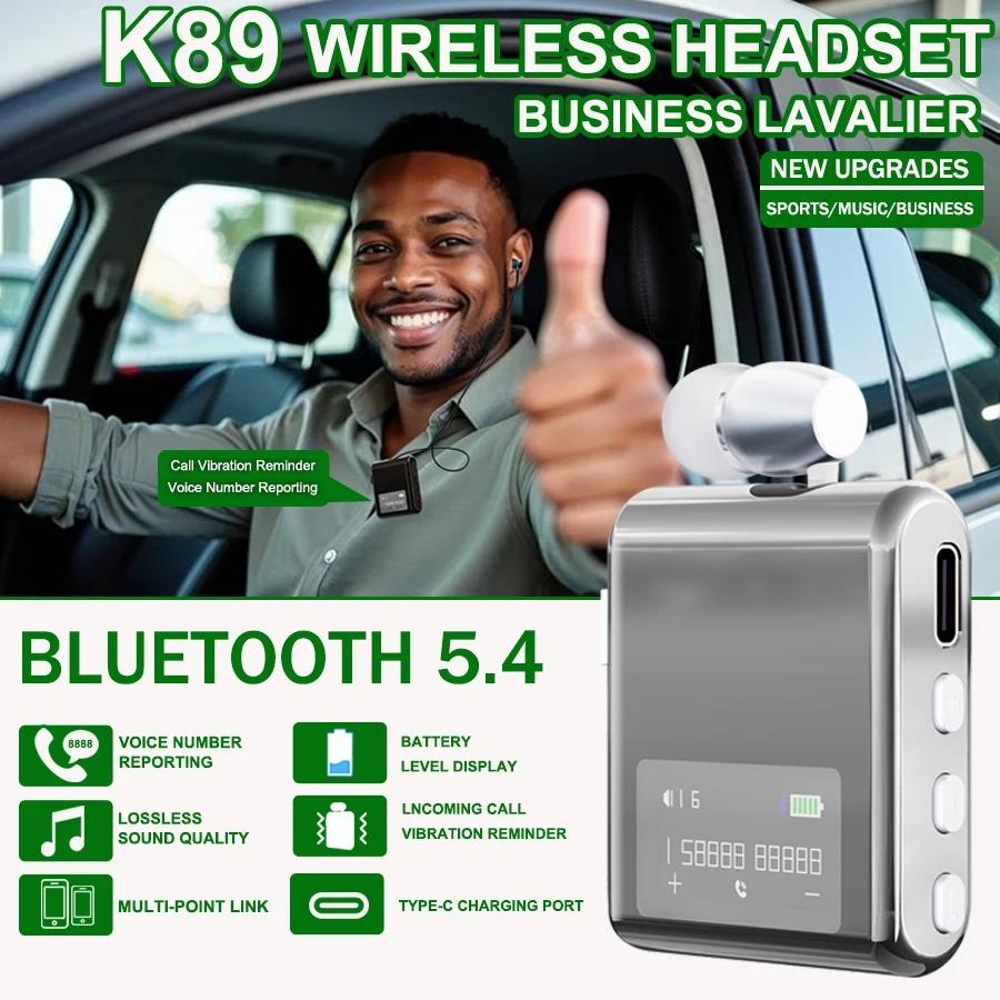 

K89 Lavalier Business Bluetooth 5.4 Earphone Talk/Music 20H With Mic Noice Cancelling One-Click Photo LCD HIFI Wireless Headset срібний