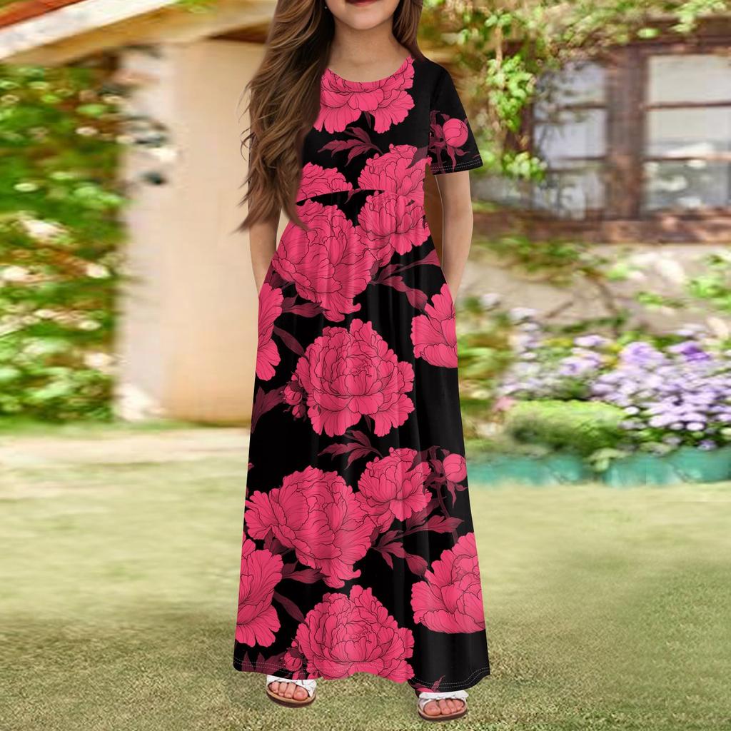 Girls' Long Summer Dress - Short Sleeve Pocket Maxi Dress For 4-14Y