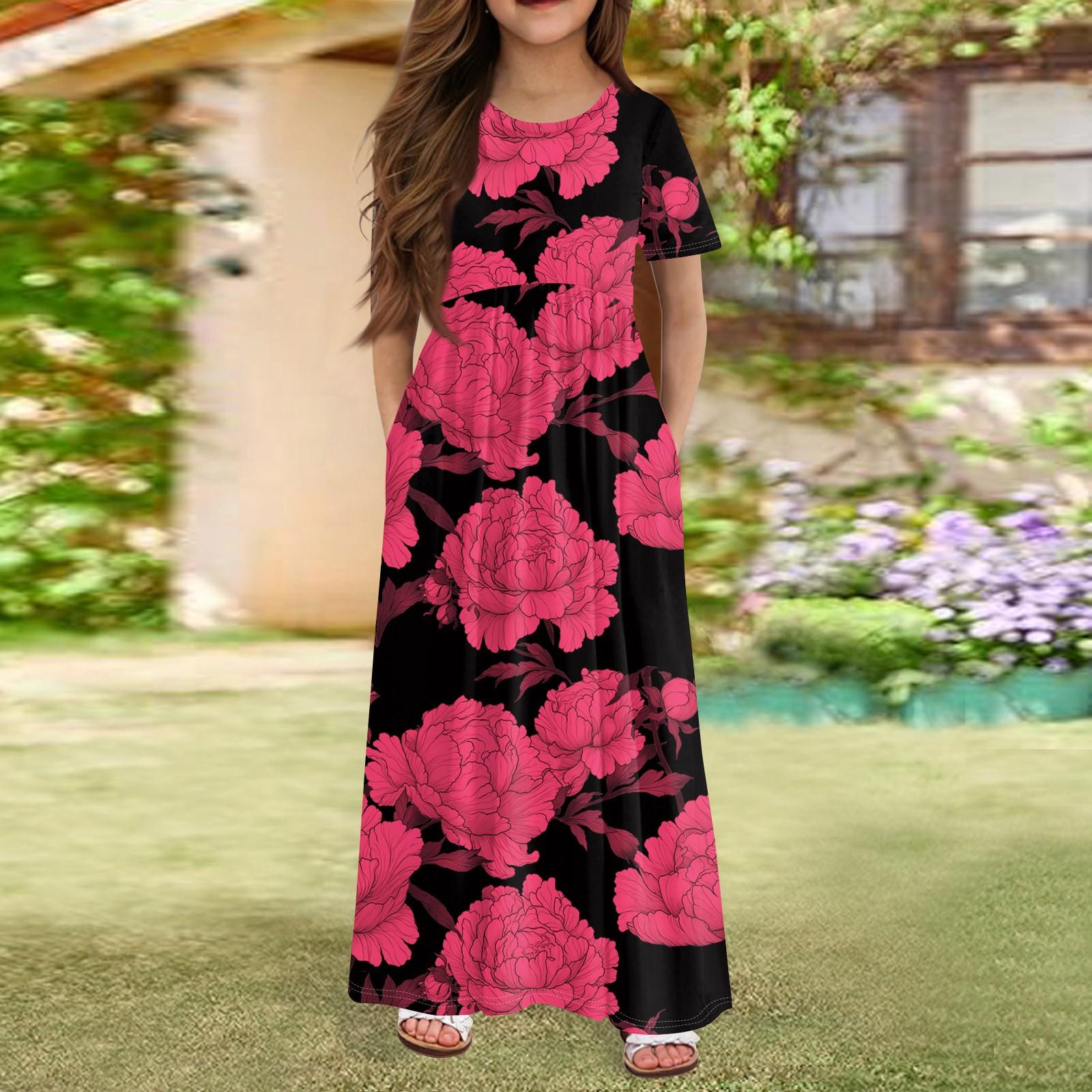

Girls Long Summer Dress - Short Sleeve Pocket Maxi Dress For 4-14Y 120