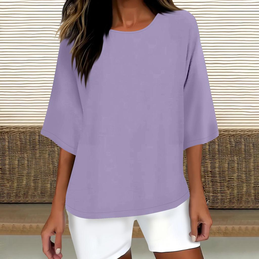 Women's Fashion Solid Color Casual T-Shirt Seven Sleeve Round Neck Cotton Top