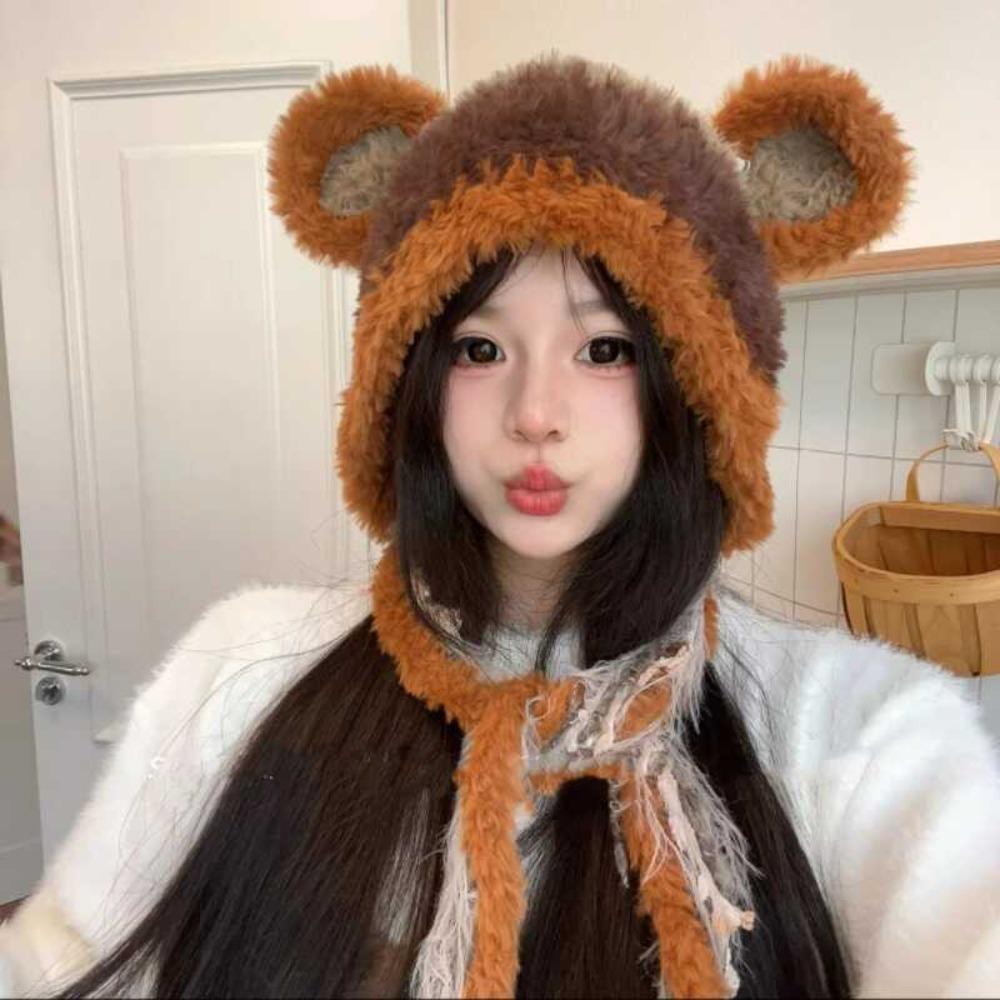 Korean Faux Fur Bucket Hat Plush Women Fluffy Hat Fashion Cute Bear Ear Hat  Female