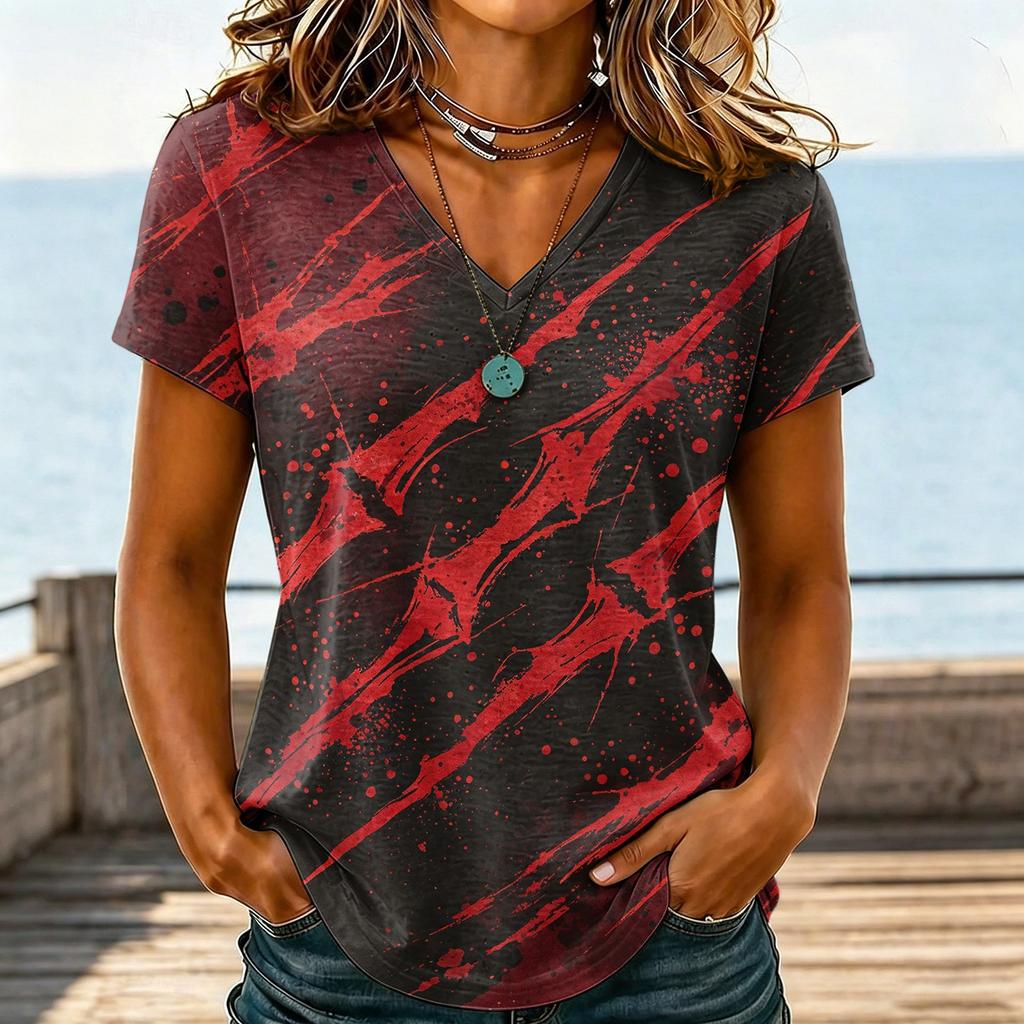 Damen Casual V-Ausschnitt Halloween Aufdruck T-Shirt für Party Kostüm