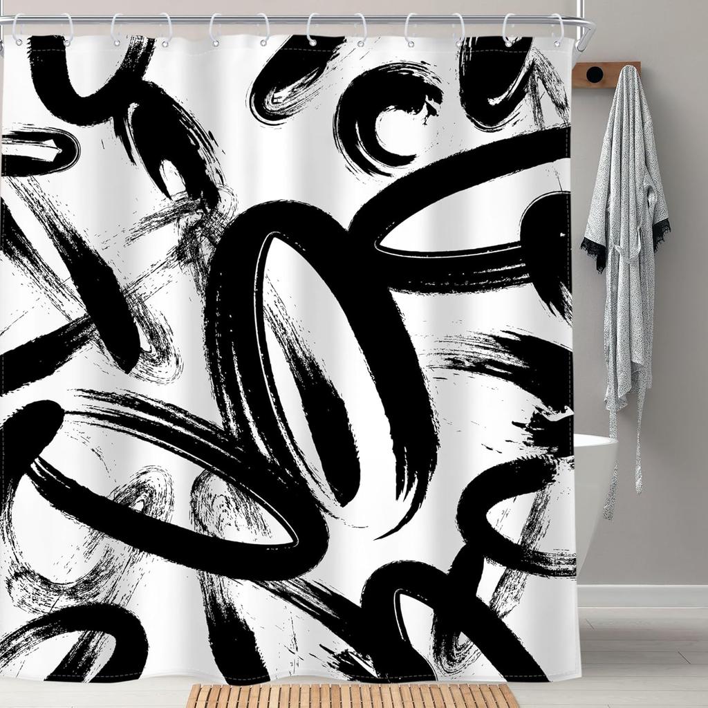 Schwarzer Abstraktes Duschvorhang Modern Graffiti Minimalistische Linienkunst Einfache Geometrische Skizze Ästhetisch Cool Einzigartig für Mann Badezimmer