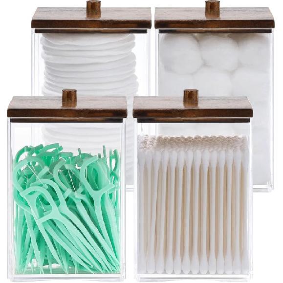 Tbestmax 12 OZ Cotton Swab/Ball/Pad Holder, Qtip Apothecary Jar, Clear Bathroom Containers Dispenser for Storage 4 Pack Wood Lids