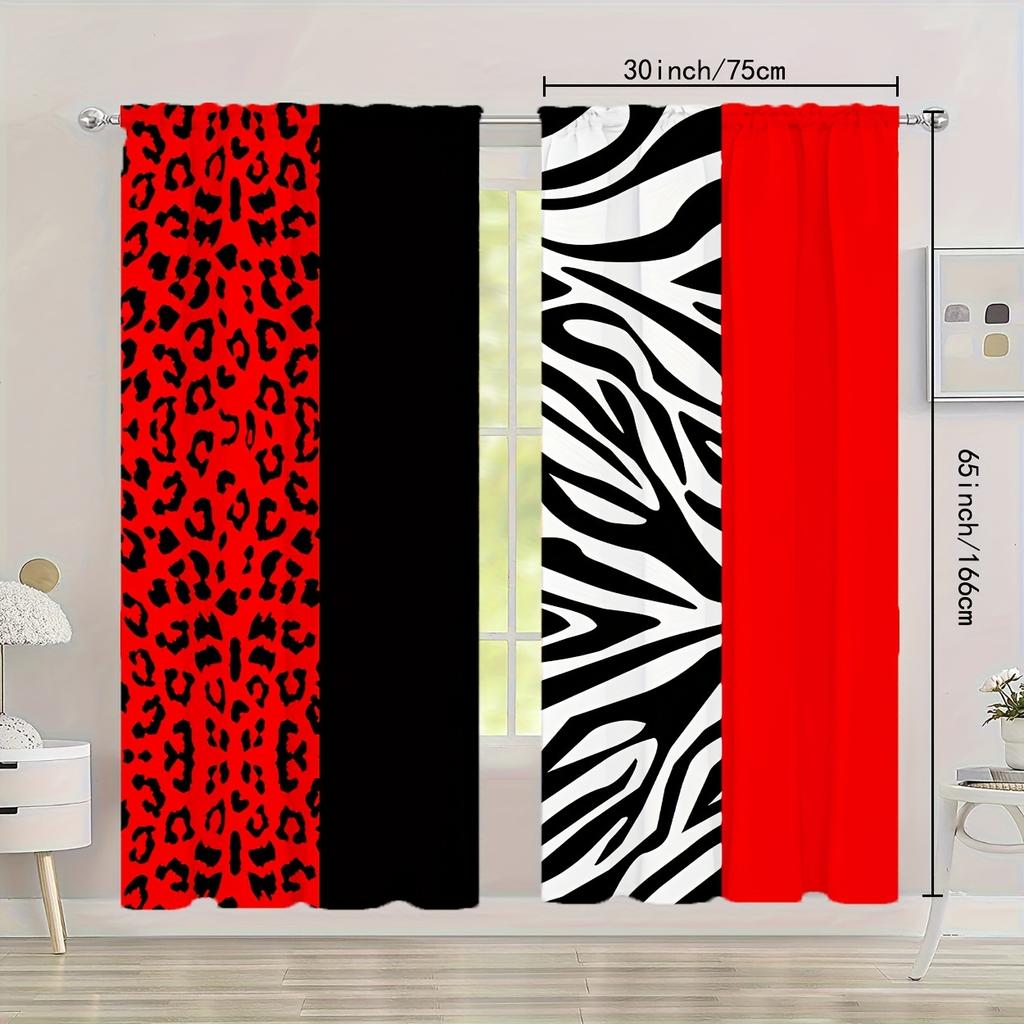 Two Black Red Zebra Leopard Print Curtains Suitable Filtering Light Bedroom Office Kitchen Living Room Made Of Polyester Sitting Window Treatment
