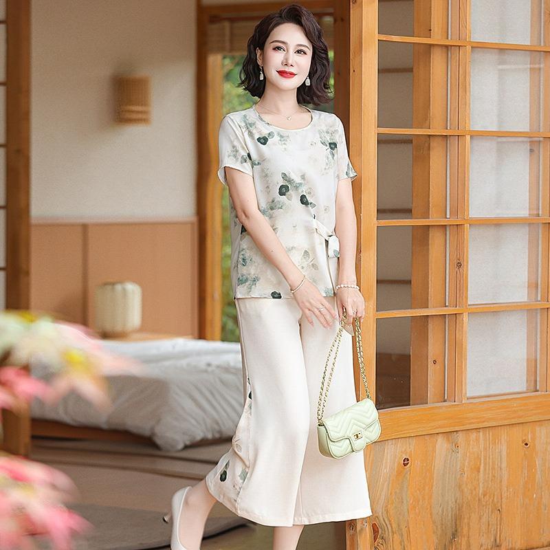 Mother Temperament Plus Size Chiffon Small Shirt Women's Summer Wide-leg Pants Middle-aged and Elderly Summer Western Style Half-sleeved Suit