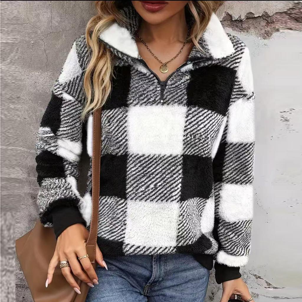 Women's Fashion Casual V-neck Zipper Solid Color Long Sleeve Pullover Top