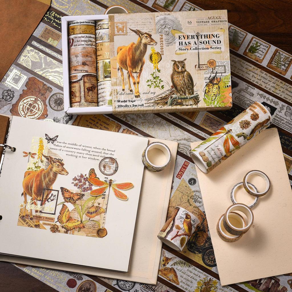 AGUGU Story Collection Gold Foil Retro Journal Washi Tape & DIY Decorative Stickers Set