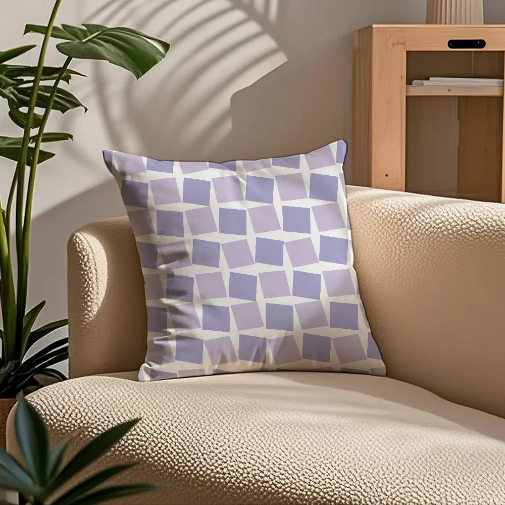 Simple Purple Plaidprint Pillow Case Comfort Sofa Bed Silky Elegant Invisible Zipper Custom Decorative Cushion Cover