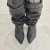 Niche design pointed pleated stacking boots spring and autumn new large tube circumference belt buckle boots tall knight boots