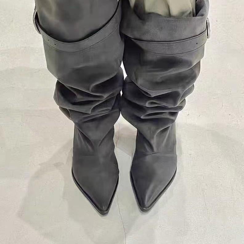 Niche design pointed pleated stacking boots spring and autumn new large tube circumference belt buckle boots tall knight boots
