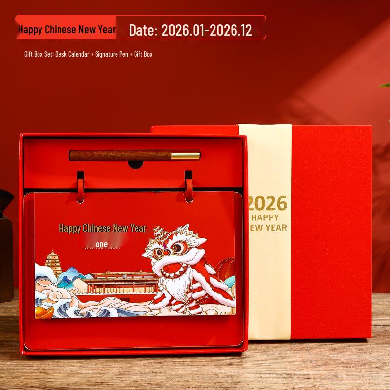 2026 Year of the Horse Leather Desk Calendar with Pen Holder, Custom Logo, Monthly Overview, Multifunctional Office Ornament.