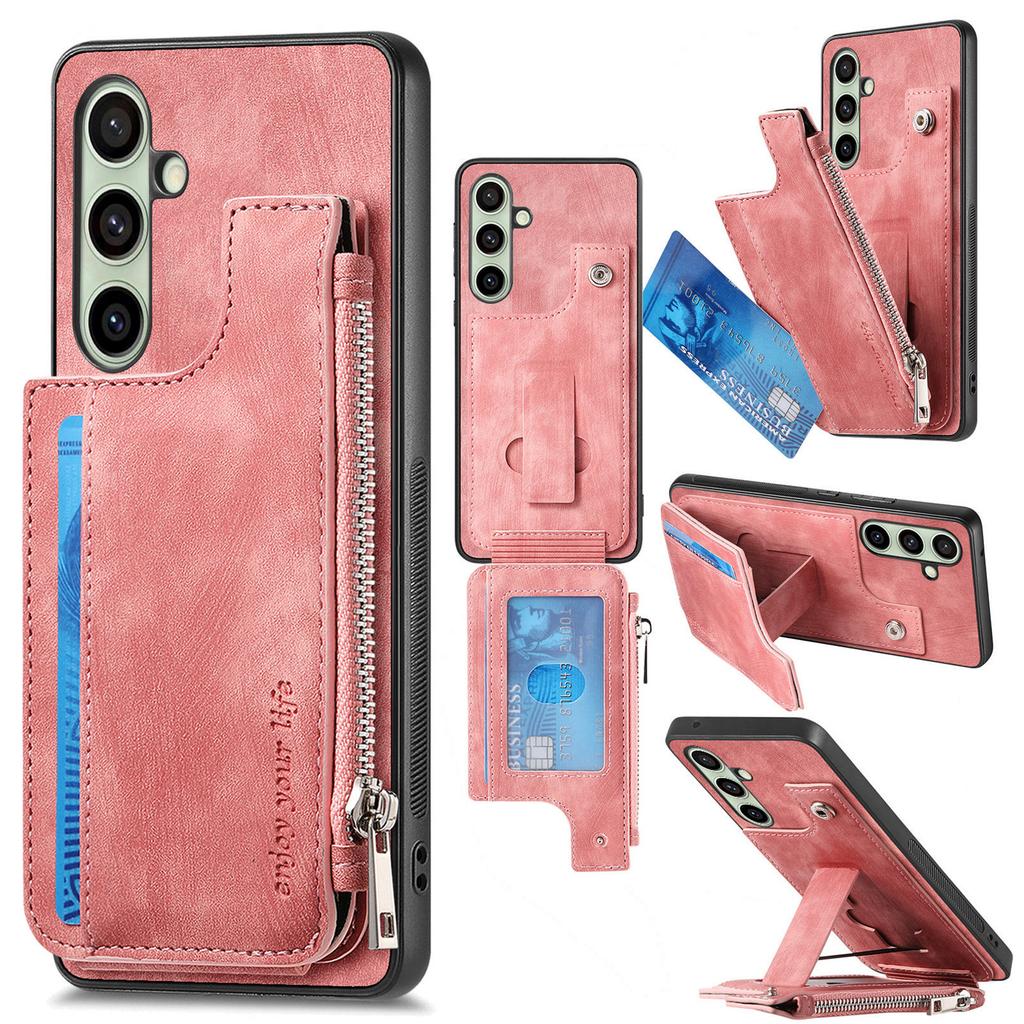 For Samsung Galaxy S24 FE Case Zipper Card Holder Kickstand Leather + PC + TPU Phone Cover