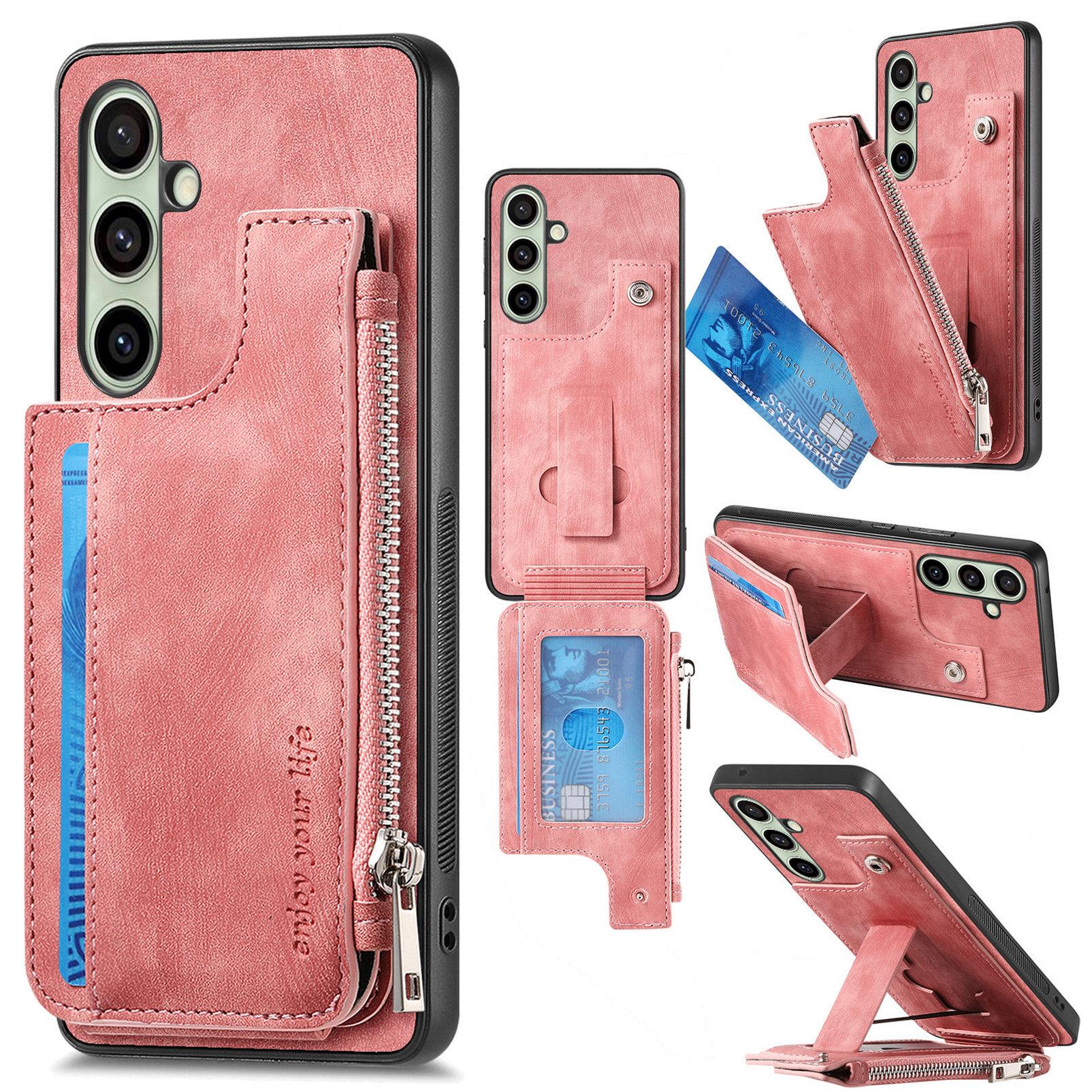 

Чехол для Samsung Galaxy S24 FE на молнии, держатель для карт, подставка, кожа+ПК+ТПУ, чехол для телефона Pink