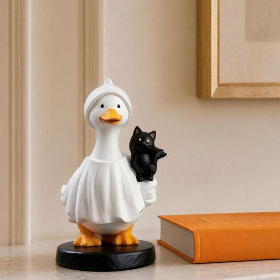 DYS Halloween Goose Figurine, Witch Hat Resin Ornament, Cute Ghost Statue for Tabletop Mantel Shelf Holiday Decoration
