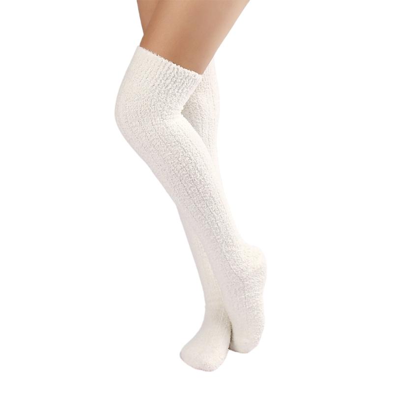 Womens Winter Leg Warmer Coral Fleece Thigh High Boot Socks Solid Color Ribbed Furry Warm Over the Knee Long Stockings