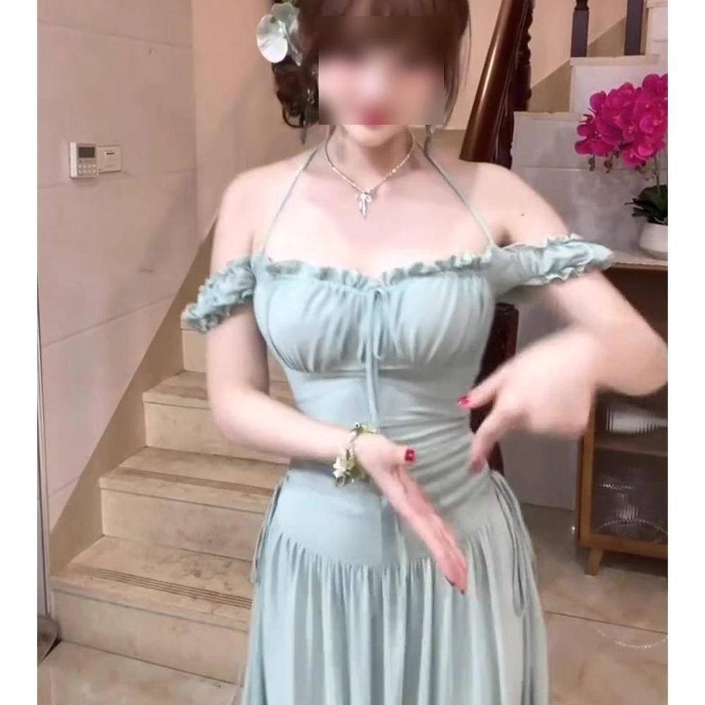 Einwort-Schulterfreies Tube-Top-Halskleid Damen Sommer Taille Super Fee A-Linien langes Kleid Strandurlaubsrock