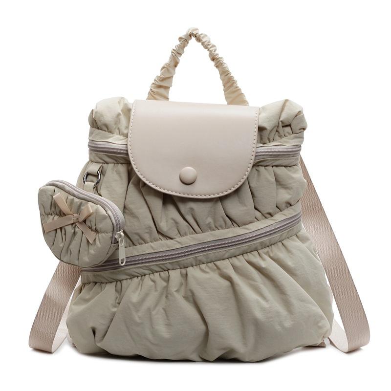 Solid Color Backpack Women's Pleated Handbag with Coin Purse