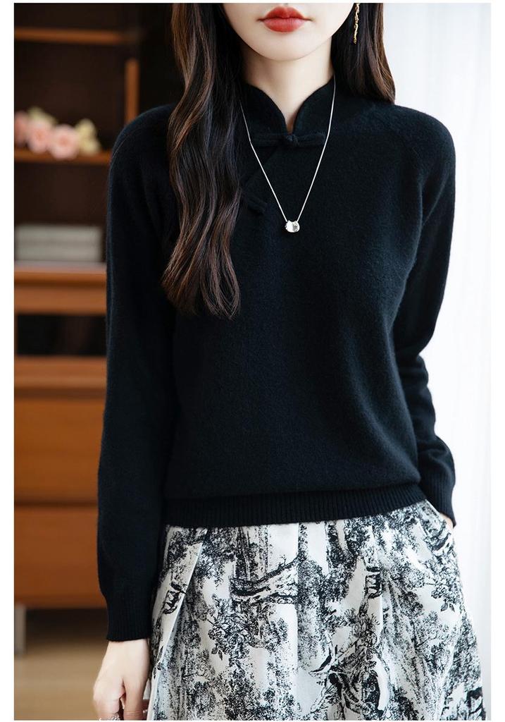 100% Australian Wool Retro Chinese Style Frog Button Sweater - Women's Thick Wool Base Layer for Autumn/Winter 2025.