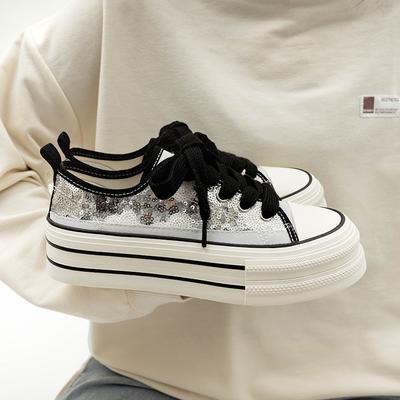 Sequined Platform Rubber Canvas Shoes, White Shoes, Fashionable Versatile Platform Casual Shoes, Low-top Shoes