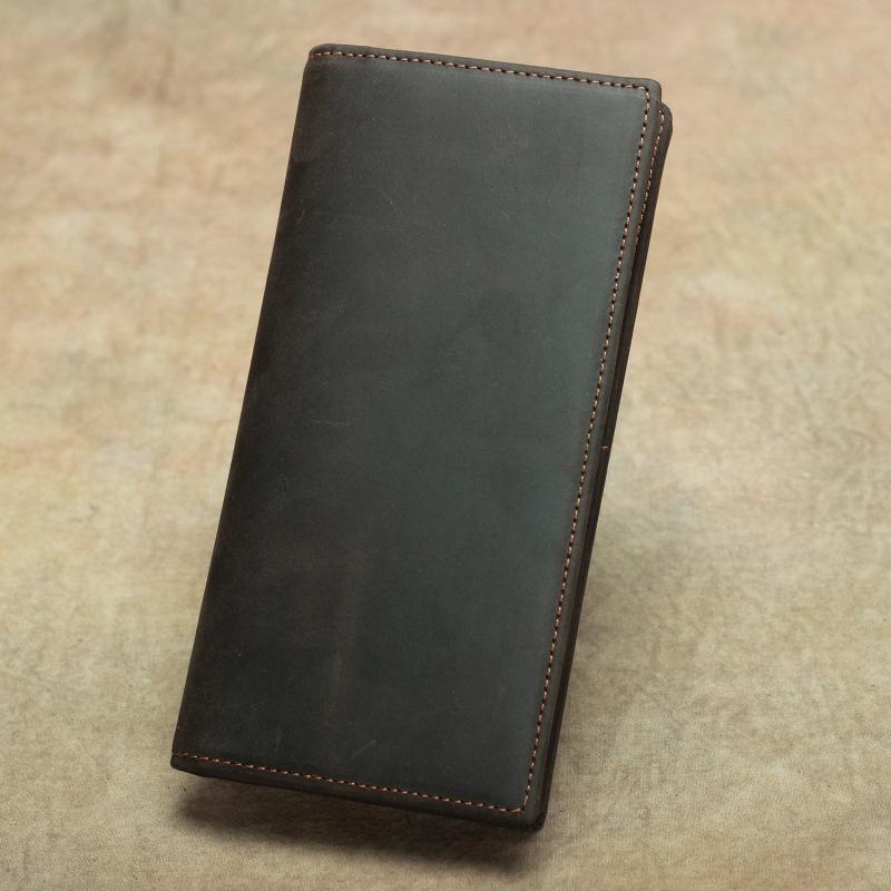 Crazy Horse Echtes Leder Bifold Lange Geldbörse für Herren Vintage Klassisch Rindsleder Herren Geldbörse Langlebiges Karten Bargeld Portemonnaie