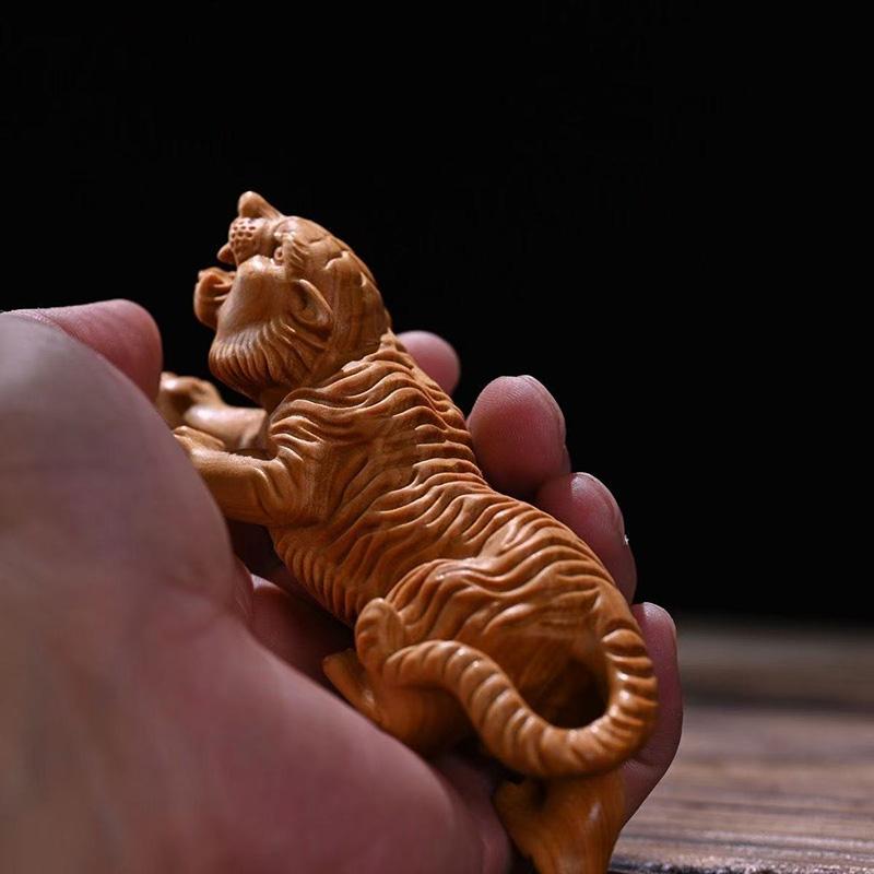Wood Carving Tiger Baby Sculptures and Figurines Chinese Characteristic  Home Room Office Table Decoration and Accessories