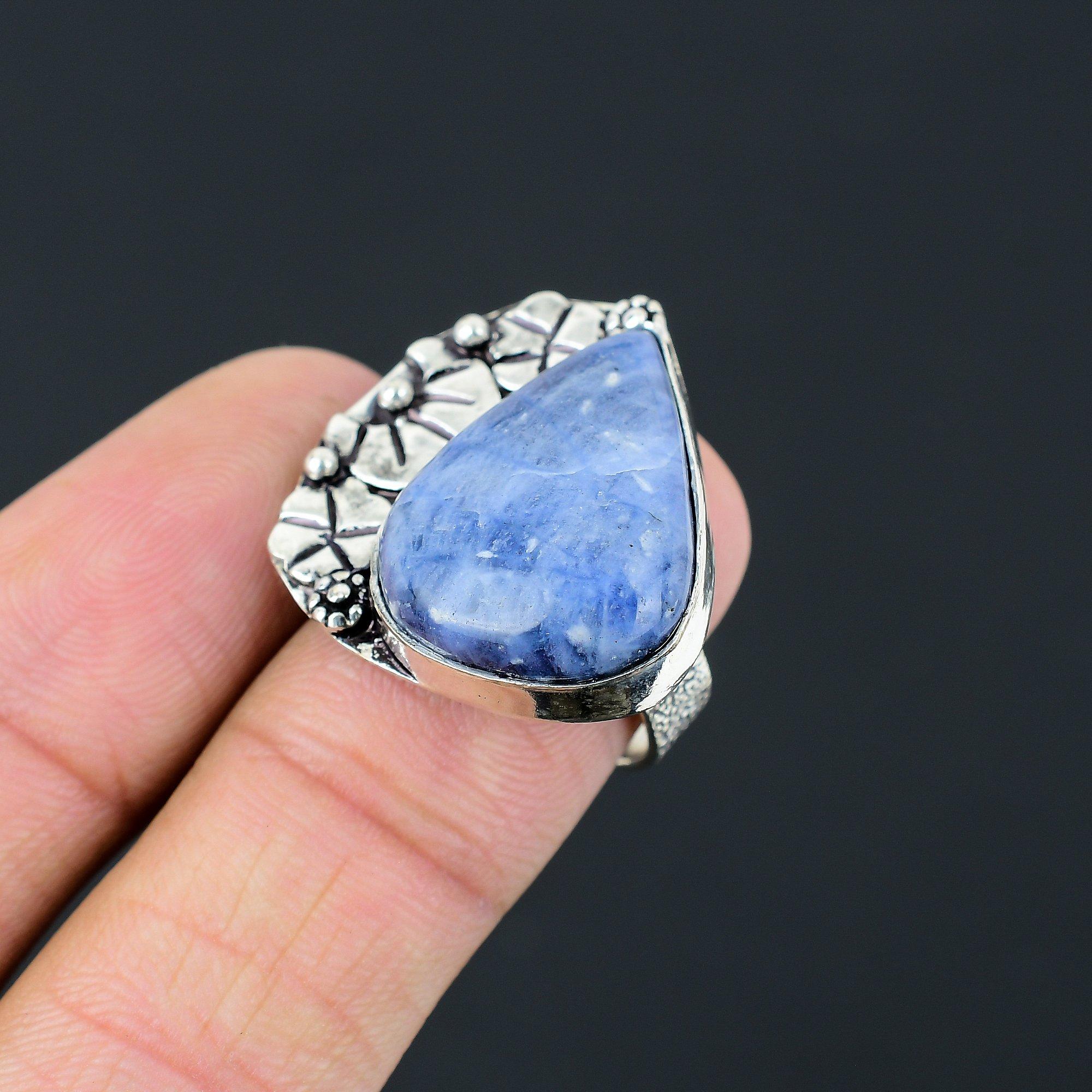 Sodalite Gemstone Statement Third Eye Chakra Engagement Ring Size 8 925 Silver 8