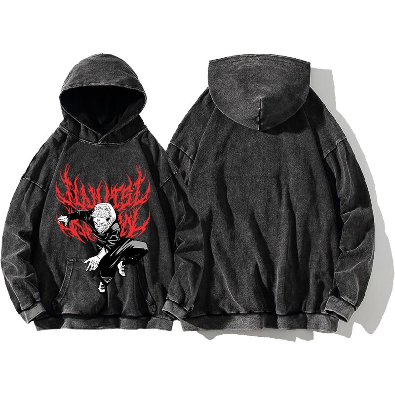 Anime Jujutsu Kaisen Ryomen Sukuna Print Washed Hooded Men Manga Vintage Hoodies Casual Cotton Streetwear Harajuku Sweatshirt