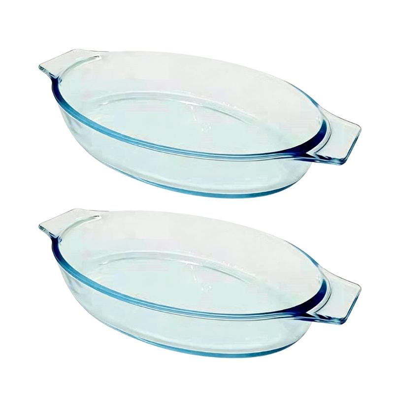 Set Of 2 Small Elliptical Glass Cookware Heat Resistant Baking Pan Oven Safe Dishes For Preparing And Serving Food