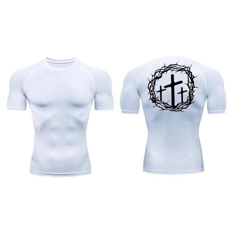 Cross Print Compression Shirt for Men Athletic Quick Dry Short Sleeve Tops Baselayer Christian Gym Workout Running T-shirts Tees