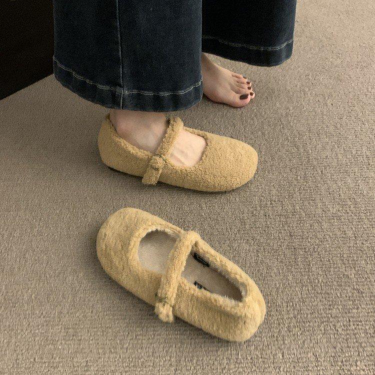 Retro Mori plush wool single shoes women's 2025 autumn and winter new French one-word Mary Jane shoes lamb wool shoes