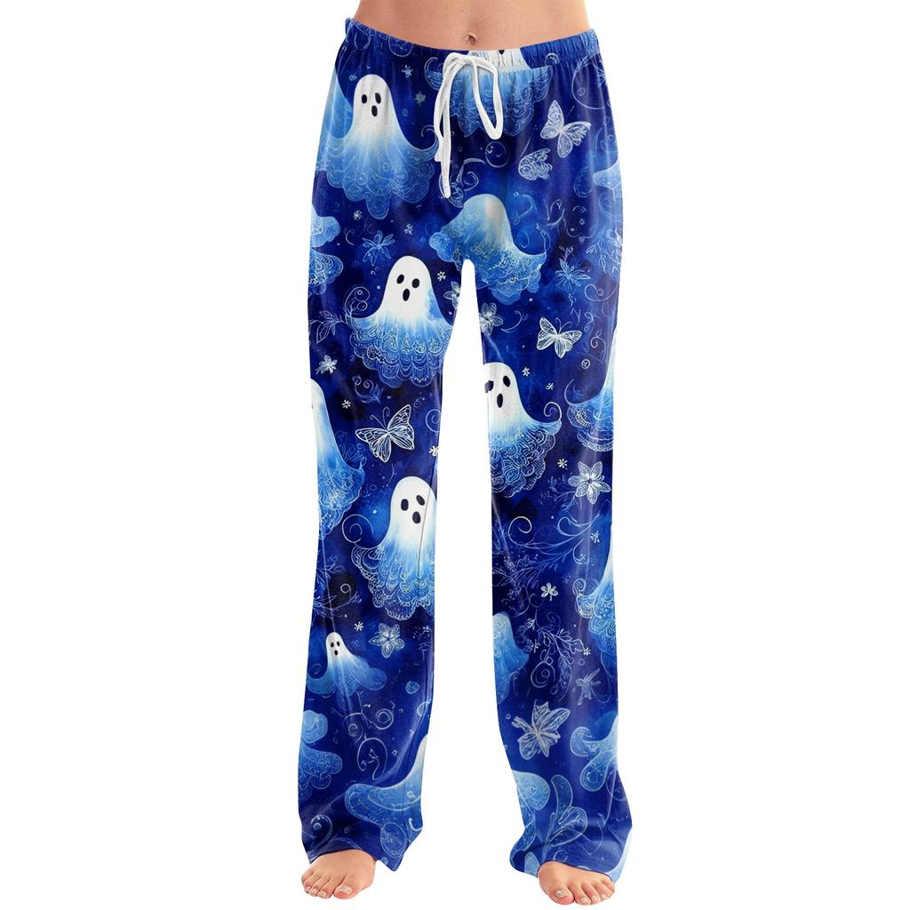 Women's Drawstring Waist Halloween Printed Long Pants Relaxed Fit Casual Trousers with Festive Pumpkin Bat Pattern