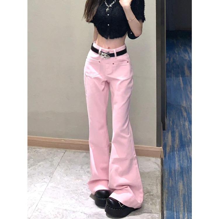 Vintage American Pink Flared Jeans Women High Waist Slim Fit Retro Bottom Trousers