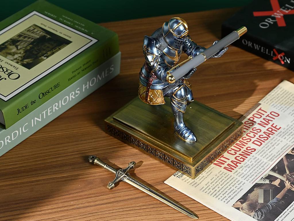 HDMbigmi King's Guard Knight Pen Holder, Pen Stand, Desk Organizer Accessories, Resin Pencil Holder Gift with Metal Sword Letter Opener for Office or