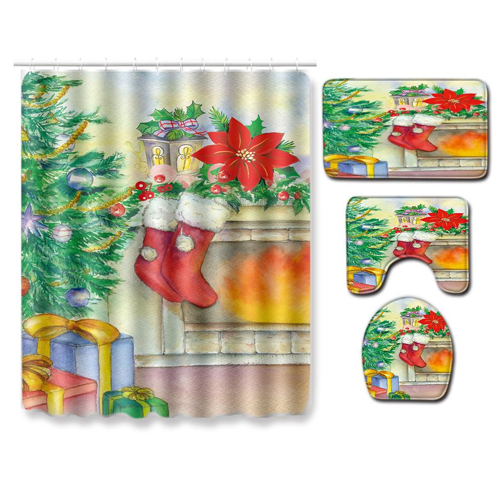 Christmas Shower Curtain Floor Mat Combination Four-Piece Set Bathroom Toilet Carpet Shower Room Mat Foot Mat