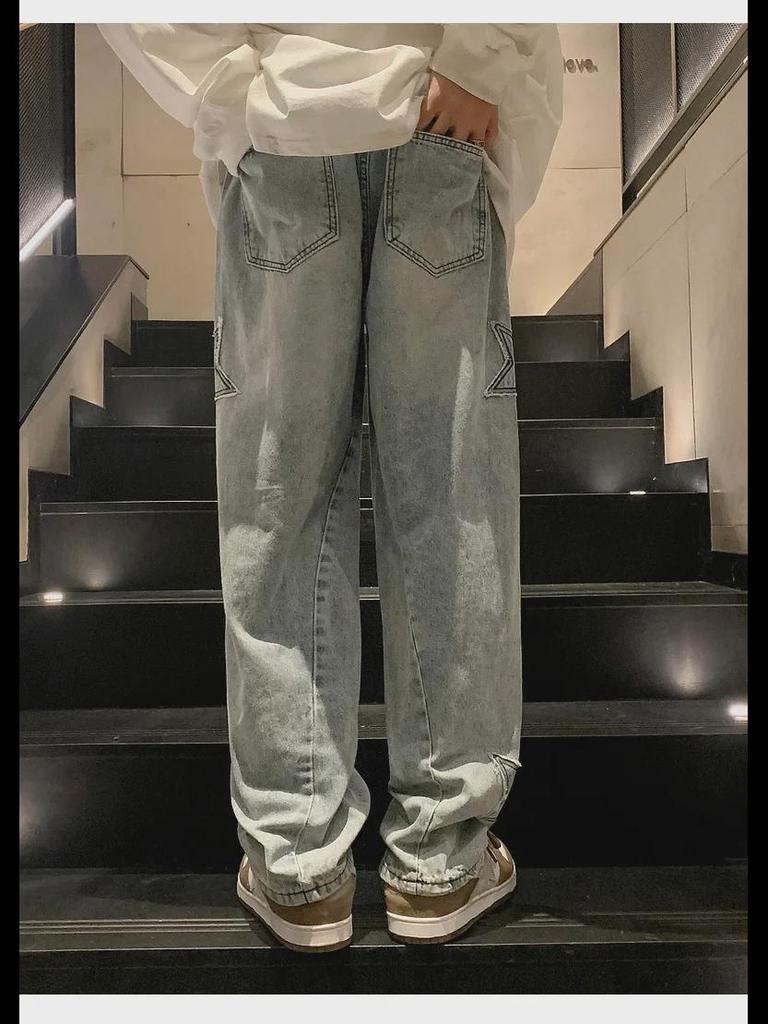 Men's Blue Star Patch Loose Straight-Leg Jeans - High Street Summer Fashion