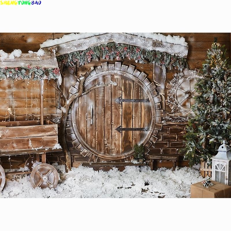 Vinyl Custom Christmas Tree Window Candy Photography Backdrop Wooden Doors Snowman Cinema Pine New Year Background Prop DT-01