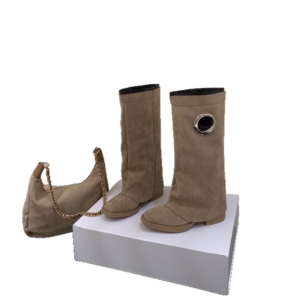 2025Q Autumn and Winter New Meng Ziyi Retro Square Head Western Cowboy Boots Thick Heel Trouser Tube Boots Niche Design Long Tube